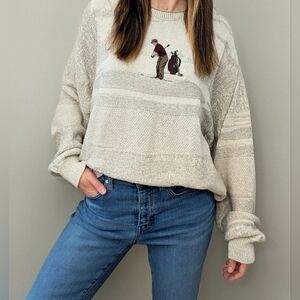 Vintage Chunky Embroidered Golf Textured Crewneck Sweater In Gray/Ivory
